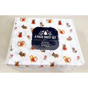 Dog Sheet Set Queen White 100% Polyester Red Gold Christmas Winter Frenchie New